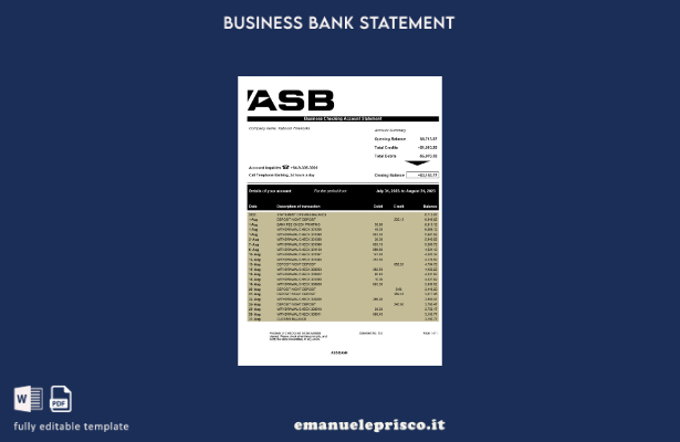 modello Word e PDF di estratto conto aziendale ASB Bank in stile verificato